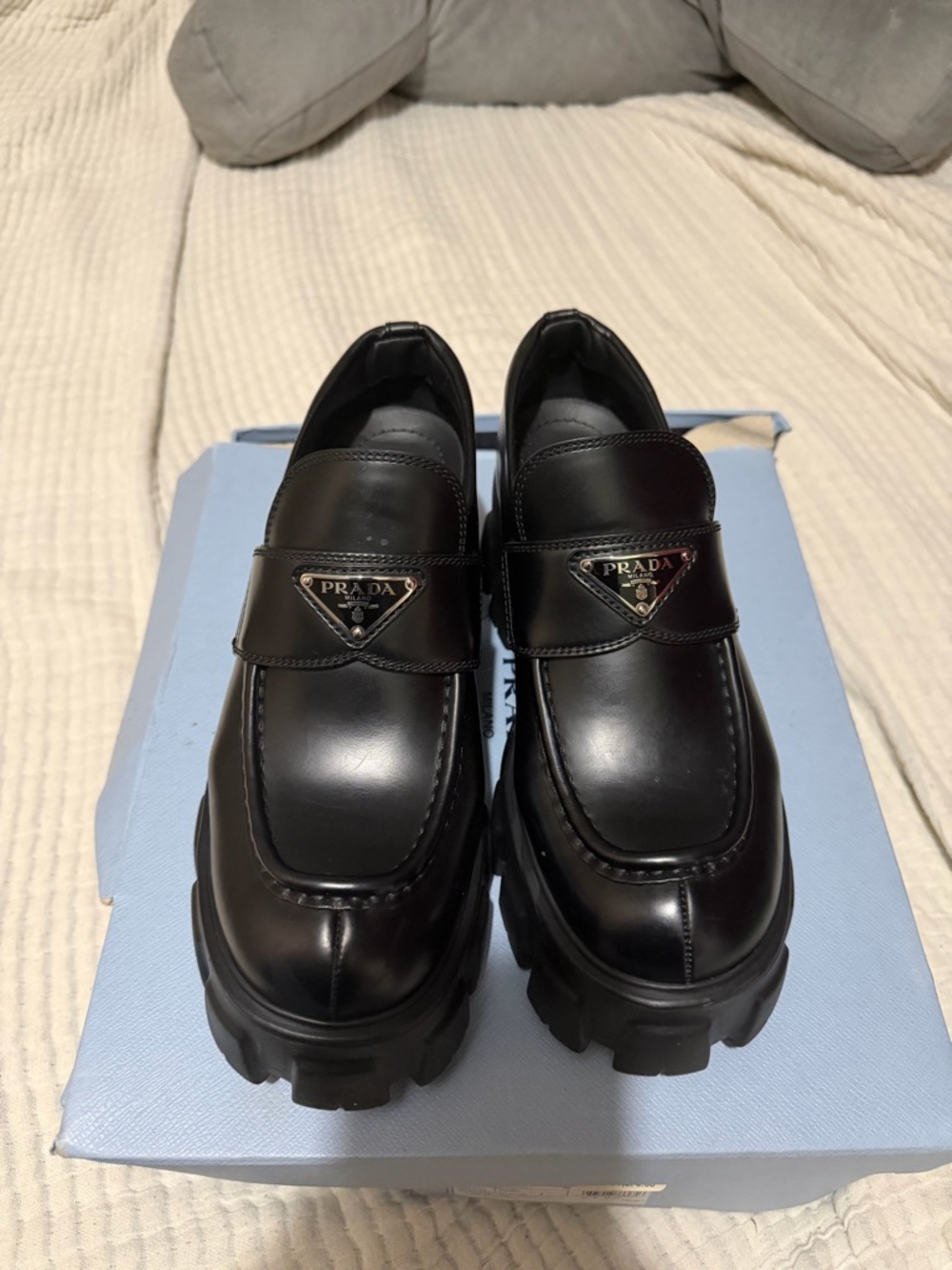Prada Black Leather Lug-Sole Penny Loafers